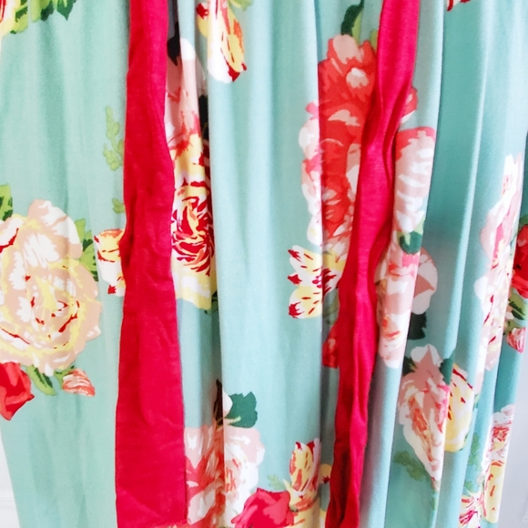 Reb & J Maxi Dress Vintage Floral Aqua  Green Red Elastic Waist NWOT Medium - Picture 8 of 16